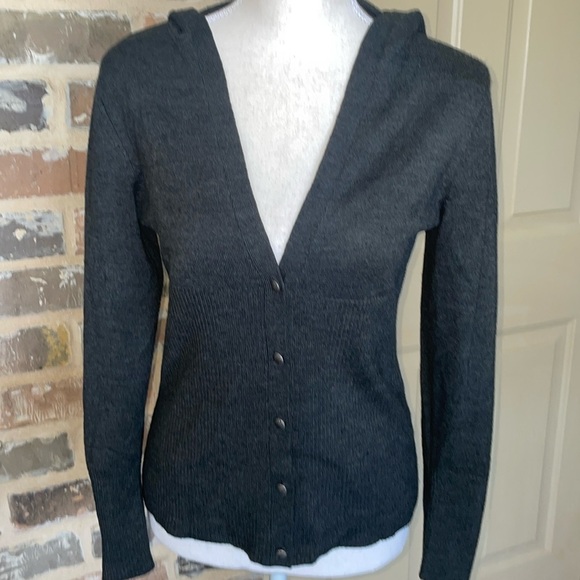 Sporty Charcoal Gray Knit Hooded Cardigan Button Front Sweater Ribbed Trim Sz S - Picture 10 of 13